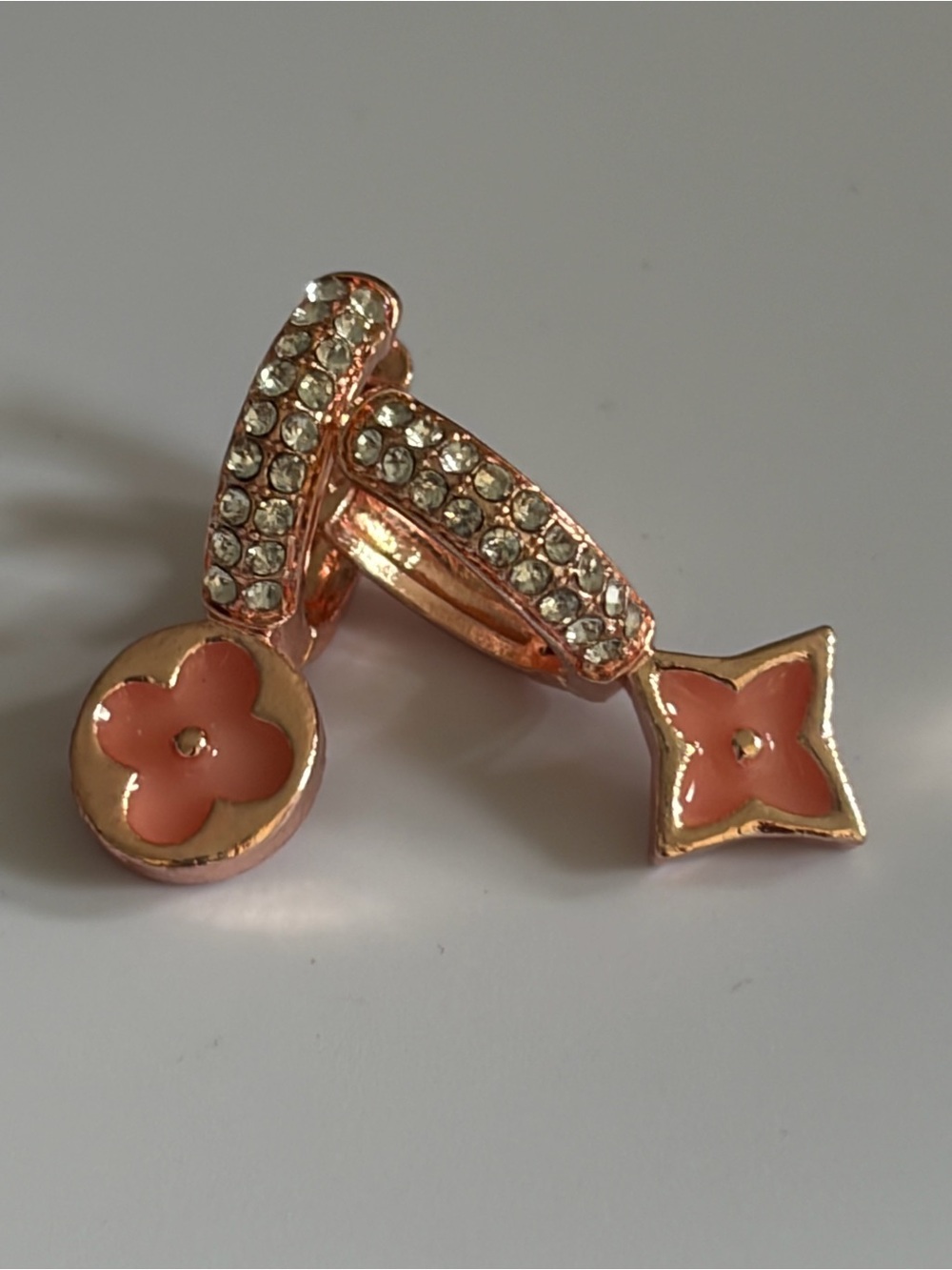 Gold Tone Pink Enamel BLOOMING Flowers Pave Hoop Earrings NEW